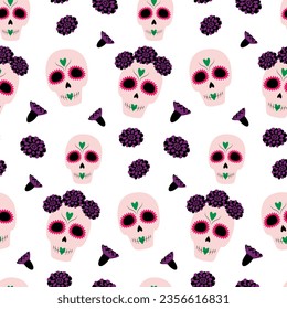 Day of the Dead. Vector Seamless pattern of Sugar Skulls and flowesr. Dia de los muertos. Mexico