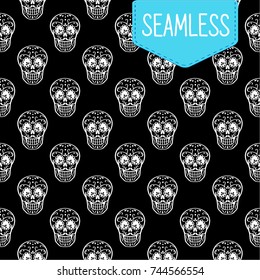 Day of the dead vector seamless pattern of skulls. Hand sketched for postcard or celebration design. 