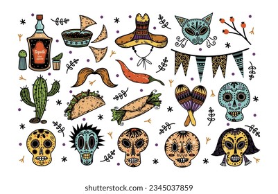 The Day of the Dead vector set. Mexican holiday symbols - sugar skull, sombrero, cactus, maracas, tequila, taco, chili. Decorations for the el Dia de Muertos. Flat cartoon clipart for carnival, print