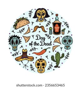 El conjunto de vectores Día de Muerte. Arte feriado mexicano - cráneo de azúcar, sombrero, cactus, tequila con sal y cal, comida, chile. Clipart para el Día de Muertos. Paquete plano de caricatura para carteles, imprimir