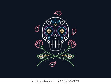 Day of the dead vector skull graphic design in neon style for any use