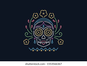 Day of the dead vector skull woman dancer graphic design in neon style for any use