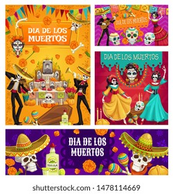 Day of Dead vector sugar skulls, mariachi skeletons and Catrina Calavera, Mexican Dia de los Muertos altar, sombreros and marigold flowers, flag garland, bread and candles. Religion holiday design