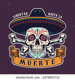 Day Of Dead vintage colorful print with sugar skull in sombrero hat and crossbones isolated vector illustration