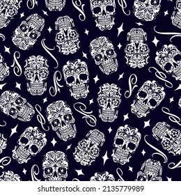 Day of dead vintage seamless pattern with various painted calavera skulls, shining stars and curl elements on black background, vector illustration