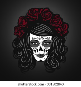 Day of The Dead Woman Illustration with Sugar Skull Face Paint and roses