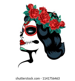 Day of the dead woman portrait with roses. Mexican festival. Sugar skull makeup for Day of the Dead or Dia de los Muertos. Vector  illustration.
