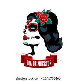 Day of the dead woman portrait with roses. Mexican festival. Sugar skull makeup for Day of the Dead or Dia de los Muertos. Vector  illustration.