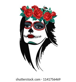 Day of the dead woman portrait with roses. Mexican festival. Sugar skull makeup for Day of the Dead or Dia de los Muertos. Vector  illustration.