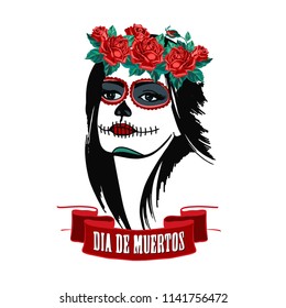 Day of the dead woman portrait with roses. Mexican festival. Sugar skull makeup for Day of the Dead or Dia de los Muertos. Vector  illustration.