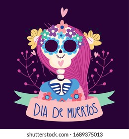 day of the dead, woman skeleton catrina flowers ribbon traditional mexican celebration vector illustration