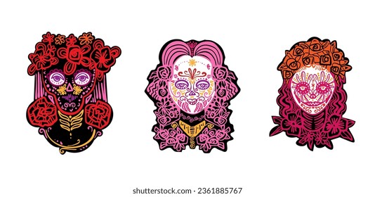 Day of the Dead woman with sugar skull face. Collection icons