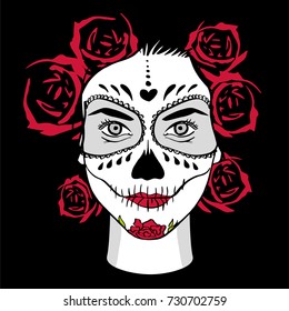 Day of The Dead Woman with Sugar Skull Face Paint. Color. Image for t-shirt, poster, flyer, publication...