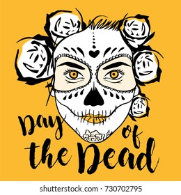Day of The Dead Woman with Sugar Skull Face Paint. Yellow background. Image for t-shirt, poster, flyer, publication... 