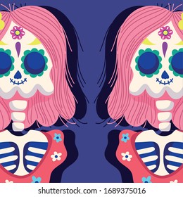 day of the dead, women skeleton clothes flowers traditional mexican celebration vector illustration