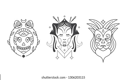 Day of dead with women and skull face with roses. Japanese woman Masks. White background.
