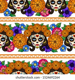 Day of death. All the ones available festive seamless pattern with Sugar skull girls, orange dahlias and flowers.