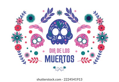 Day of death banner. Traditional holiday in mexico, culture. Design for invitation or greeting postcard. Poster or banner for website. Colorful skulls and flowers. Cartoon flat vector illustration