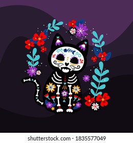 Day of the death Dia de los muertos cat with sugar skull mask head with colorful flower wreath