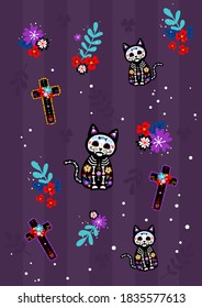 Day of the death Dia de los muertos cat with sugar skull mask head and cross colorful flower pattern