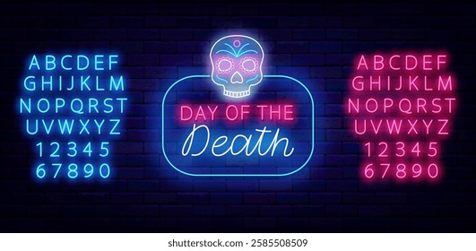 Day of the Death neon emblem. Cinco de Mayo. Mexican traditional holiday. Vector stock illustration