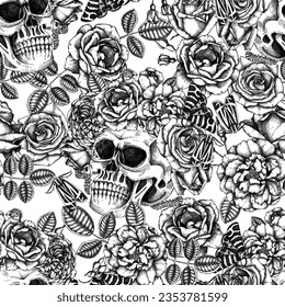 Día de la muerte sin fisuras. Ilustración vectorial dibujada a mano. Calavera humana con flores de rosa y boceto de polilla. Fondo de estilo gótico. Textura repetitiva. Tela, textil, papel envasado, impresión