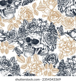 Day the death seamless pattern  Hand drawn vector illustration  Human skull and rose flowers   moth sketch  Gothic style background  Repeating texture  Fabric  textile  wrapping paper  print