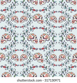 Day of death, seamless. The skull and flowers. Blue background.