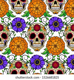 Day of death, seamless vector pattern with Sugar skulls, peonies and branches.