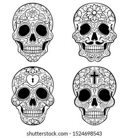 Day of death, Sugar skulls black and white set.