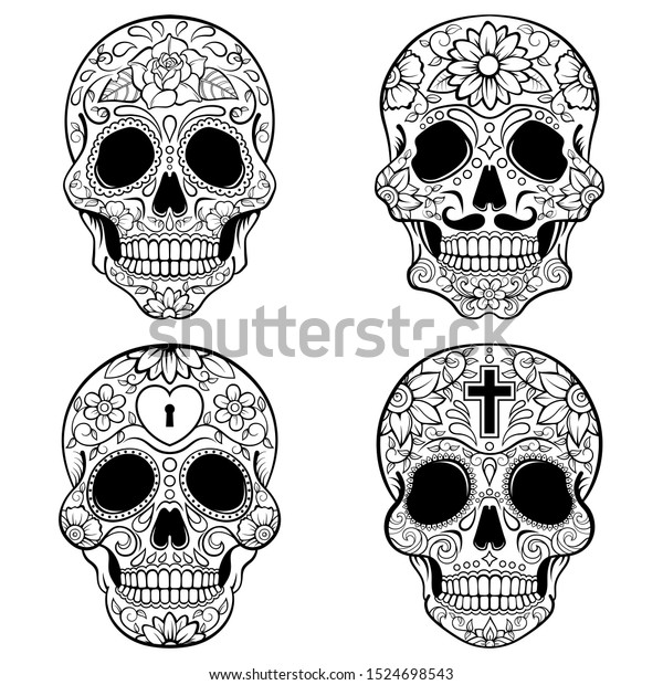 Day Death Sugar Skulls Black White Stock Vector (Royalty Free) 1524698543