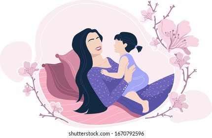 Mother’s Day decorated with cherry blossoms vector illustration on which cheerful mother lying on a sofa and playing with small daughter. Motherhood, maternal bonds. Family holidays and celebrations.
