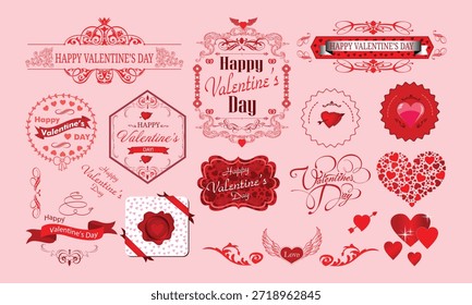 Valentine’s Day Decorative Typography Labels and Badges Set with Hearts, Romantic Frames, Love Elements for Greeting Cards, Posters, Stickers and Holiday Designs.