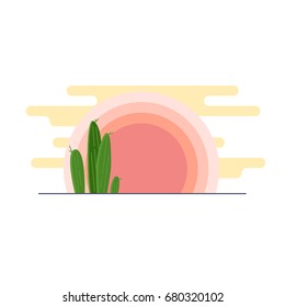 Day desert landscape with cacti under the sun flat vector illustration.