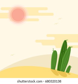 Day desert landscape with cacti under the sun flat vector illustration. Hot Sahara desert under faded sky.