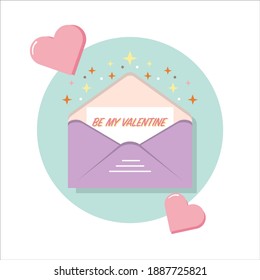 Valentine’s day design card. Opened envelope icon with a romantic letter. Red hearts and sparkles on the background. Vector illustration in flat style.