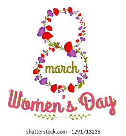 Woman’s Day design with flowers poppy, anemones, leaves isolated on white background. 8 march International Female Holiday lettering design. Template for a poster, cards, banner vector illustration.