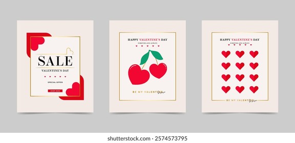 Valentine’s Day design set featuring greeting cards, SALE cards, and heart-shaped cherry elements. Perfect for romantic celebrations and modern, elegant occasions.