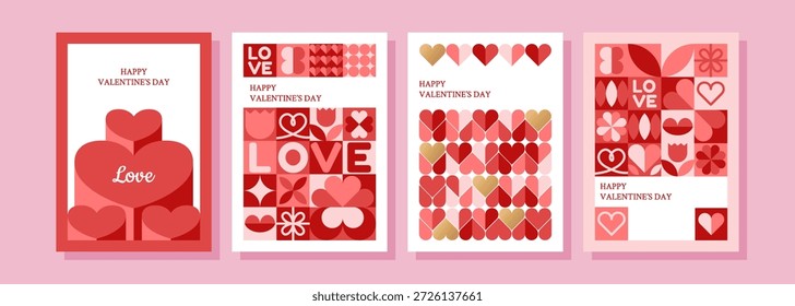 Valentinstag-Designvorlagen mit Postern, Grußkarten, Covern, Etiketten, Verkaufsförderungslayouts und nahtlosen Mustern. Moderner trendiger geometrischer Stil für romantische saisonale Designs.