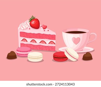 Juego de postres de San Valentín con pastel de fresa, macarrones y una taza de café.