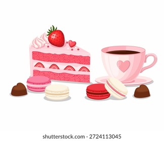 Juego de postres de San Valentín con pastel de fresa, macarrones y una taza de café.