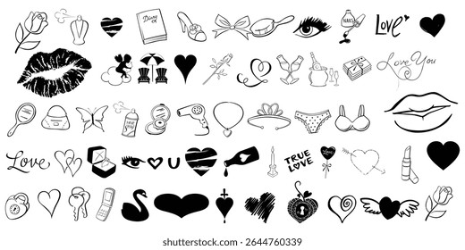 Valentine’s Day Dingbat Icon Set – Love and Romance-Themed Vector Symbols Including Hearts, Cupid, Arrows, Envelopes, and Roses – Decorative Graphics for Cards, Fonts, and Crafts