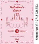 Valentine’s day dinner invitation with romantic table setting line art in soft pink and red.