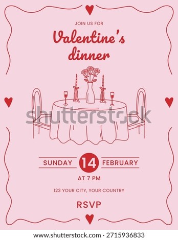 Valentine’s day dinner invitation with romantic table setting line art in soft pink and red.