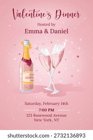 Invitación de la cena del día de San Valentín con la botella de champán de Rose y los vidrios que parpadean con el chapoteo líquido y los corazones flotantes en el fondo rosado elegante