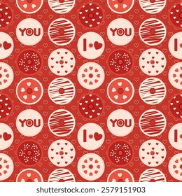 Valentine’s day donut pattern design on red background. This pattern is ideal for Valentine's Day-themed projects, gift wrapping, textile design, greeting cards, and digital backgrounds. 