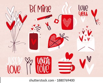 Valentine’s day doodle clipart and phrases set for greeting card. Hot drink mug with marshmallow, ringing cell phone, envelope with hearts, candy box and balloon bundle.