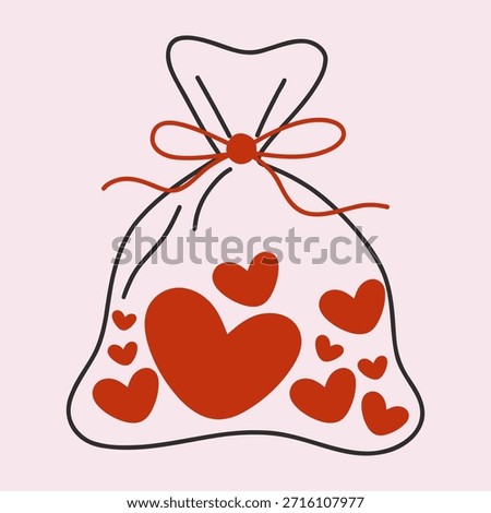 Valentine’s Day doodle cute gift bag filled with red hearts and tied with a ribbon. Minimal line art style with thin black outlines and warm red accents on a soft pink background. 
