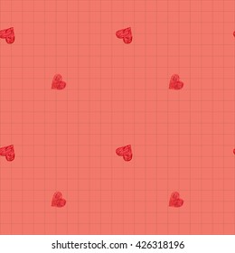 Valentine’s day doodle seamless pattern with red hearts on checkered background.