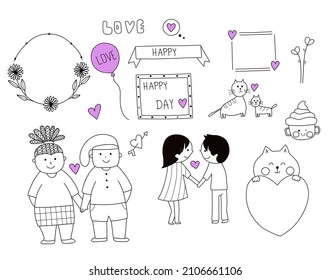 Valentin’s Day doodle set and collection on white background. Tradition romantic symbol. Vector illustration designs.